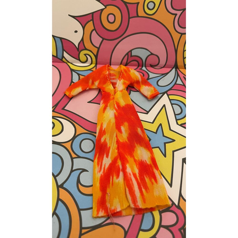 Vintage 1970s Dawn doll Rock Flowers orange and Tie-Dye yellow 5" dress